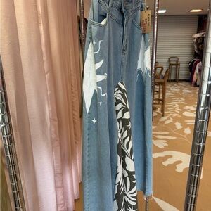 Star Pattern Denim Maxi Skirt